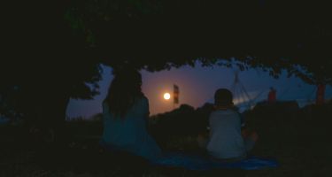 Child and adult silhouetted under a tree at night watching the moonrise during a guided bat walk—one of the magical nature experiences on a family camping holiday at Mendip Basecamp