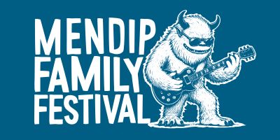 Mendip Family Festival logo featuring a fun cartoon yeti playing guitar, representing the annual summer celebration of music, adventure, and nature at a family campsite in Somerset
