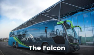 A black public bus with blue and green curving colour blocks at the rear of the bus is pulling over. A silver stylised bird of prey image is on the side of the bus, next to silver text that reads ‘Falcon’