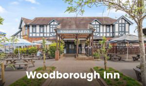 An old building rendered with white plaster has a wooden pergola stretching across the front. The pergola is hung with flower baskets and draped with foliage. There are tables and chairs set under the pergola and a small road runs past the front. There is a sign to the right with the text ‘The Swan Inn Pub and Rooms’ and an image of a stylised swan.